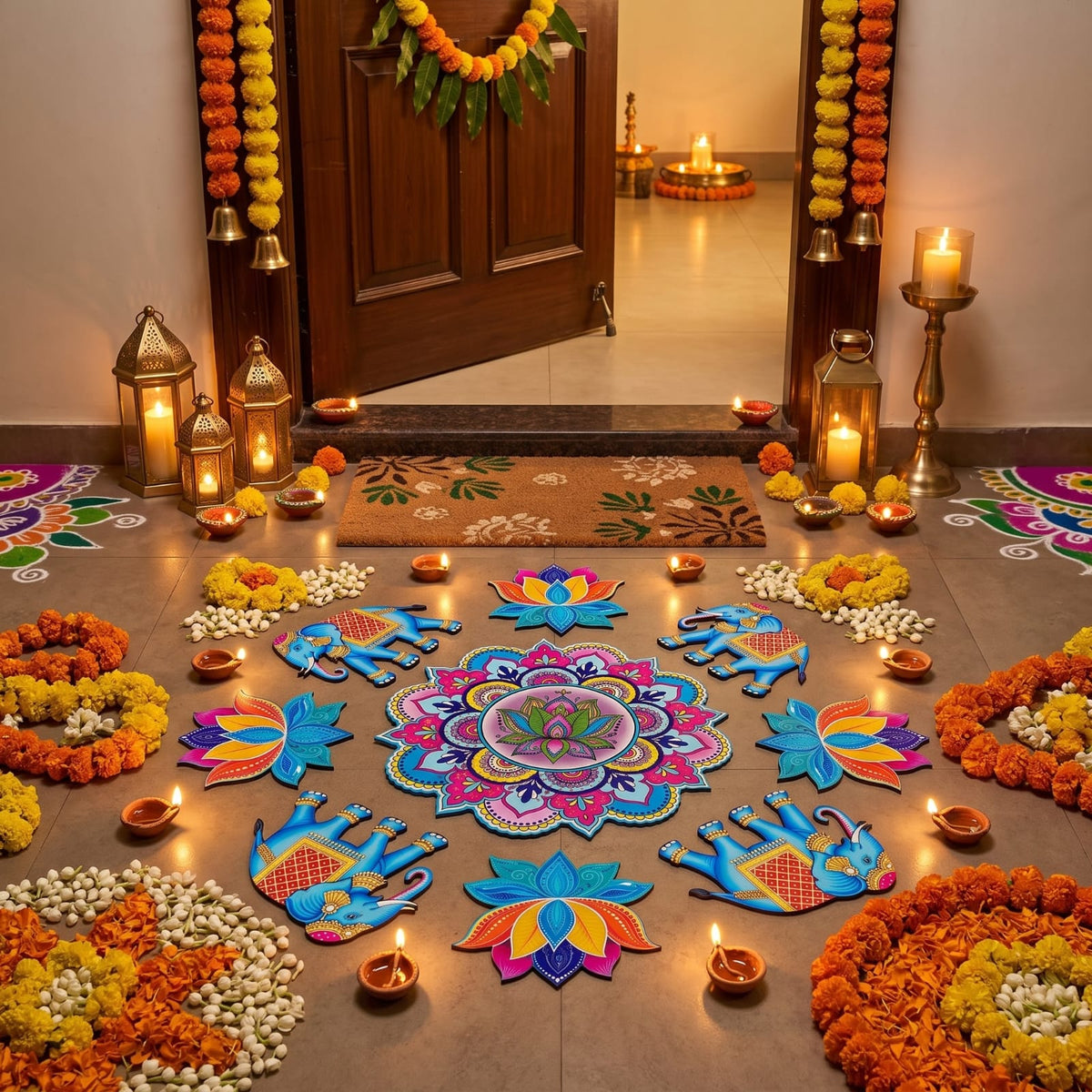 MDF Rangoli Set | Elephant lotus | 9 Pcs