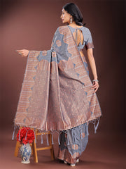 Teal Blue Linen Cotton Saree with Woven Geometric Zari Motifs – Elegant Festive Wear for Women