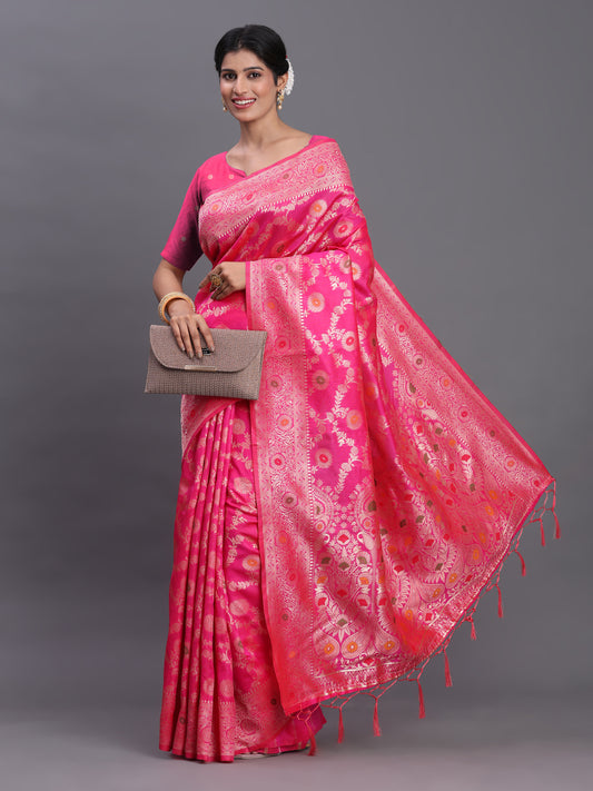 Pink Banarasi Silk Saree with Floral Zari Weaving – Festive Traditional Elegance for Weddings & Celebrations
