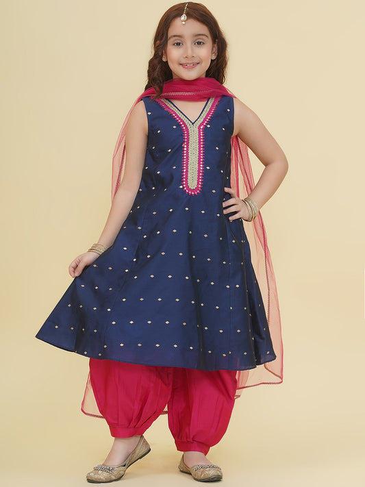 Girls Blue Self Design Kurta with Afgani Salwar with Dupatta