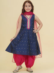 Girls Blue Self Design Kurta with Afgani Salwar with Dupatta