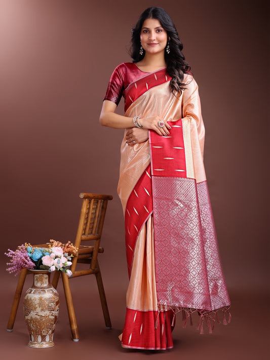 Orange & Maroon Lichi Silk Saree with Rich Zari Pallu & Tassels – Soft Festive Wear Saree for Women