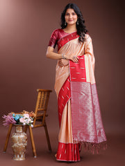 Orange & Maroon Lichi Silk Saree with Rich Zari Pallu & Tassels – Soft Festive Wear Saree for Women