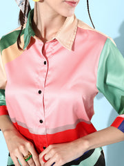 Women's Black & Beige Satin Shirt and Trousers Co-ord Set