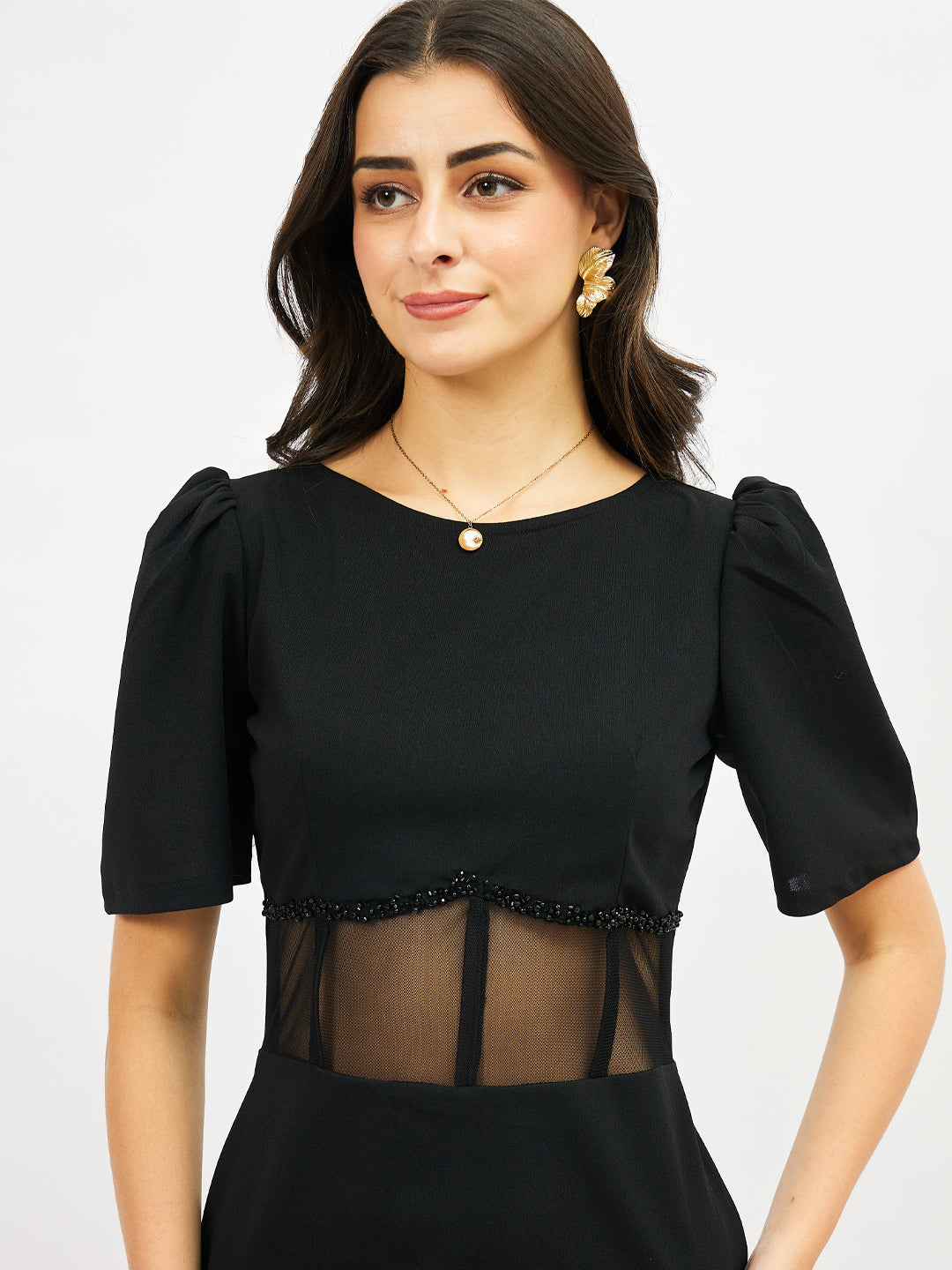 Puff Sleeve Scuba Bodycon Midi Dress