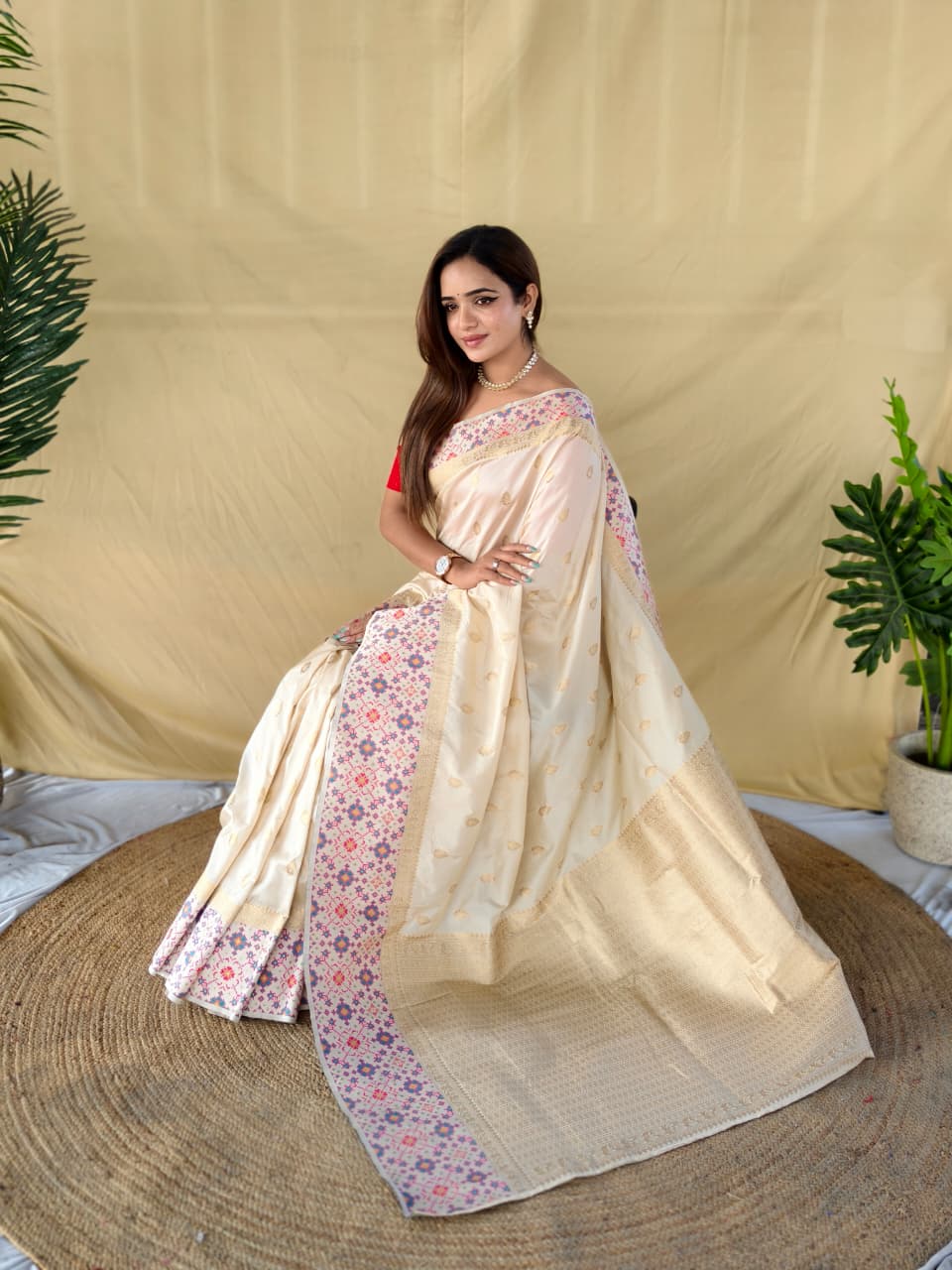soft silk saree in pure white. Beautifully enhanced with Patola-inspired meenakari weaving on both borders, the saree features a richly woven pallu that adds a royal touch