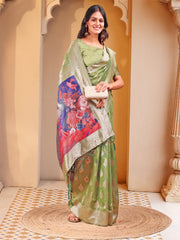 Floral Linen Cotton Saree with Zari Border & Digital Printed Pallu - Elegant Sari for Festive Occasions