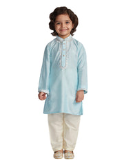 Boys' Aqua And Cream Kurta And Pyjama Set