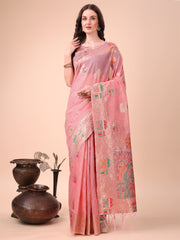 Linen Saree with Multicolor Weaving & Zari Pallu - Elegant & Lightweight for Everyday Grace