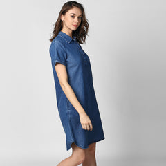 Women's Blue Denim Front Button Shirt Dress