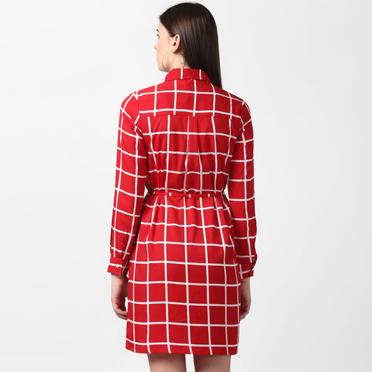 Women's Red and White Check Shirt Dress with Belt