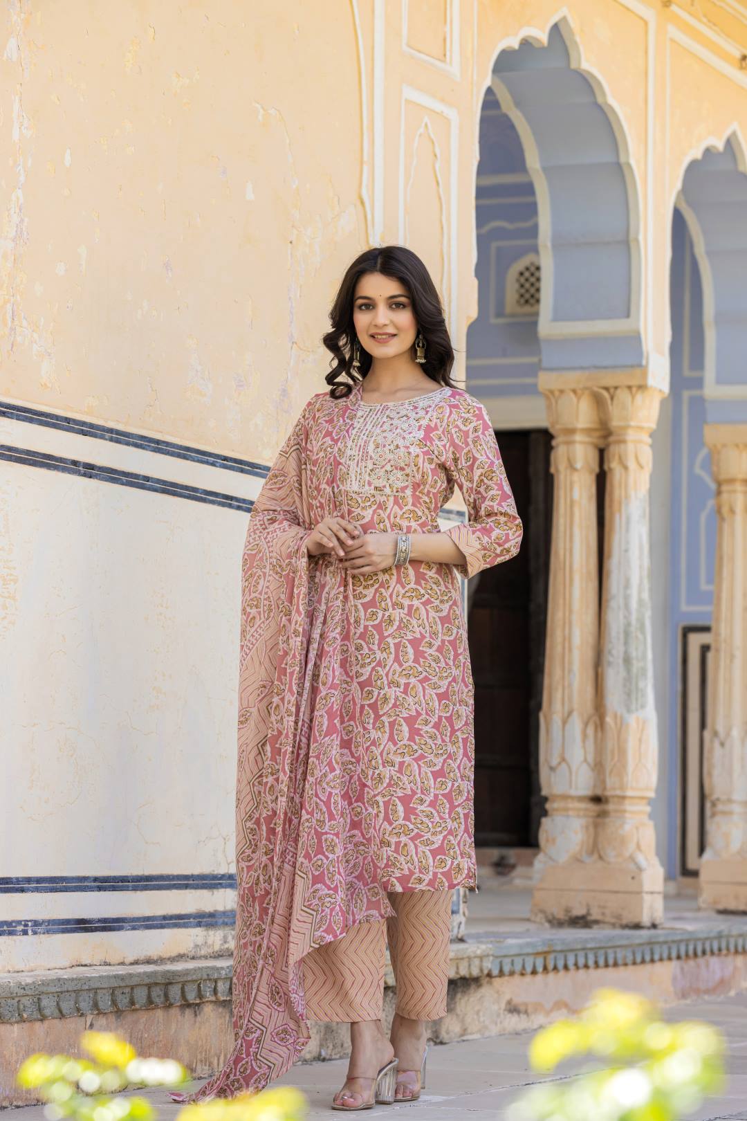 Women Pink Round Neck Floral Printed  Embroidered Kurta Paired With Bottom And  Dupatta