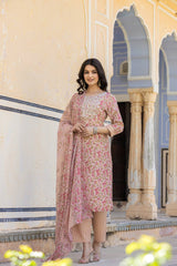 Women Pink Round Neck Floral Printed  Embroidered Kurta Paired With Bottom And  Dupatta