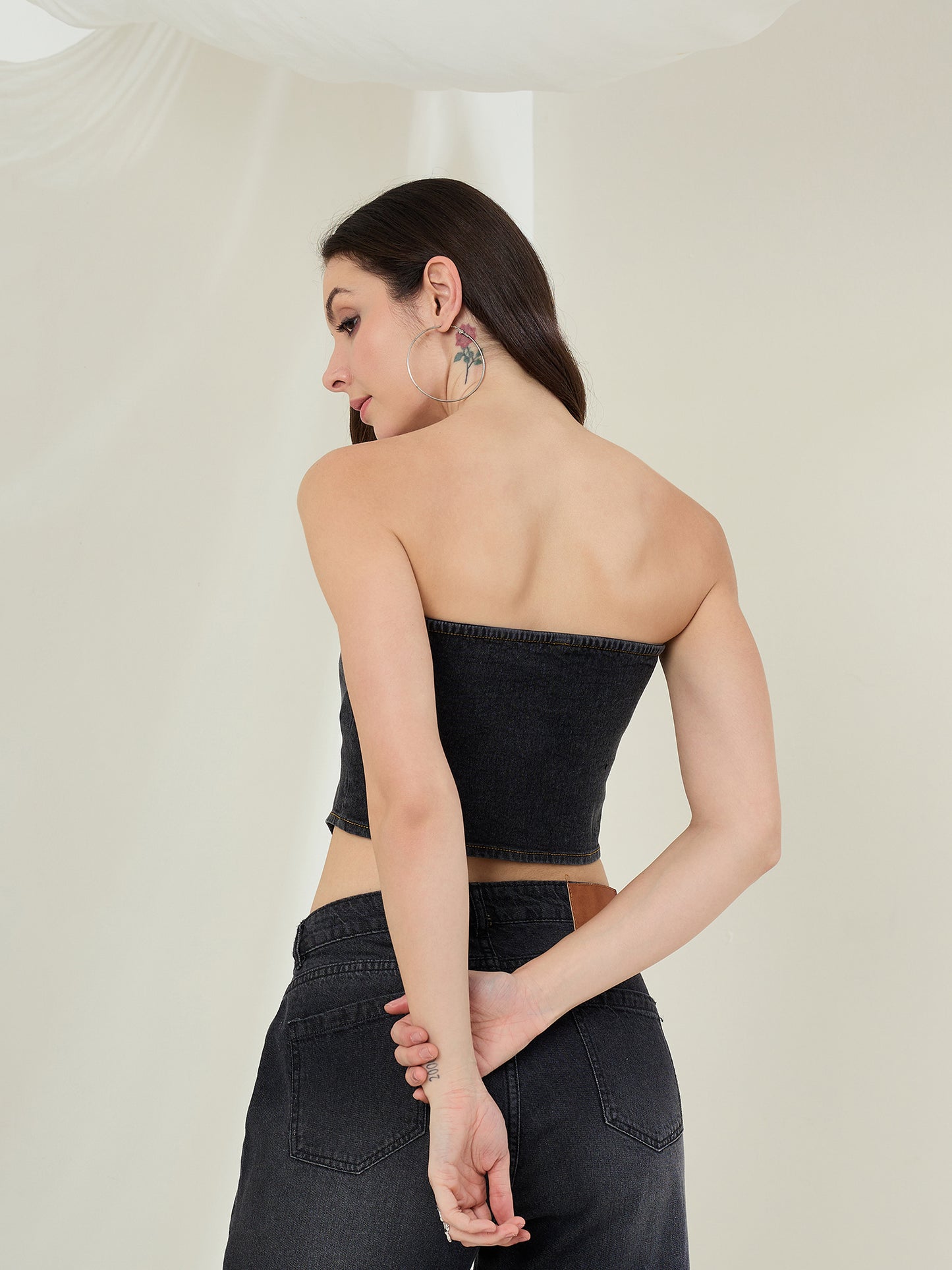 Women's Black Denim Off Shoulder  Crop Top