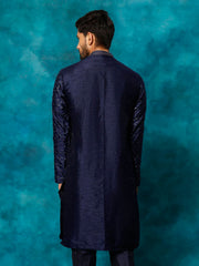 Vastramay-Men's Navy Blue Silk Blend Kurta