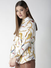 Women's White and Golden Animal Chain Print Shirt