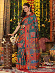 Off White Linen Cotton Saree with Multicolor Ethnic Print – Soft & Lightweight Saree for Festive, Daily, and Office Wear