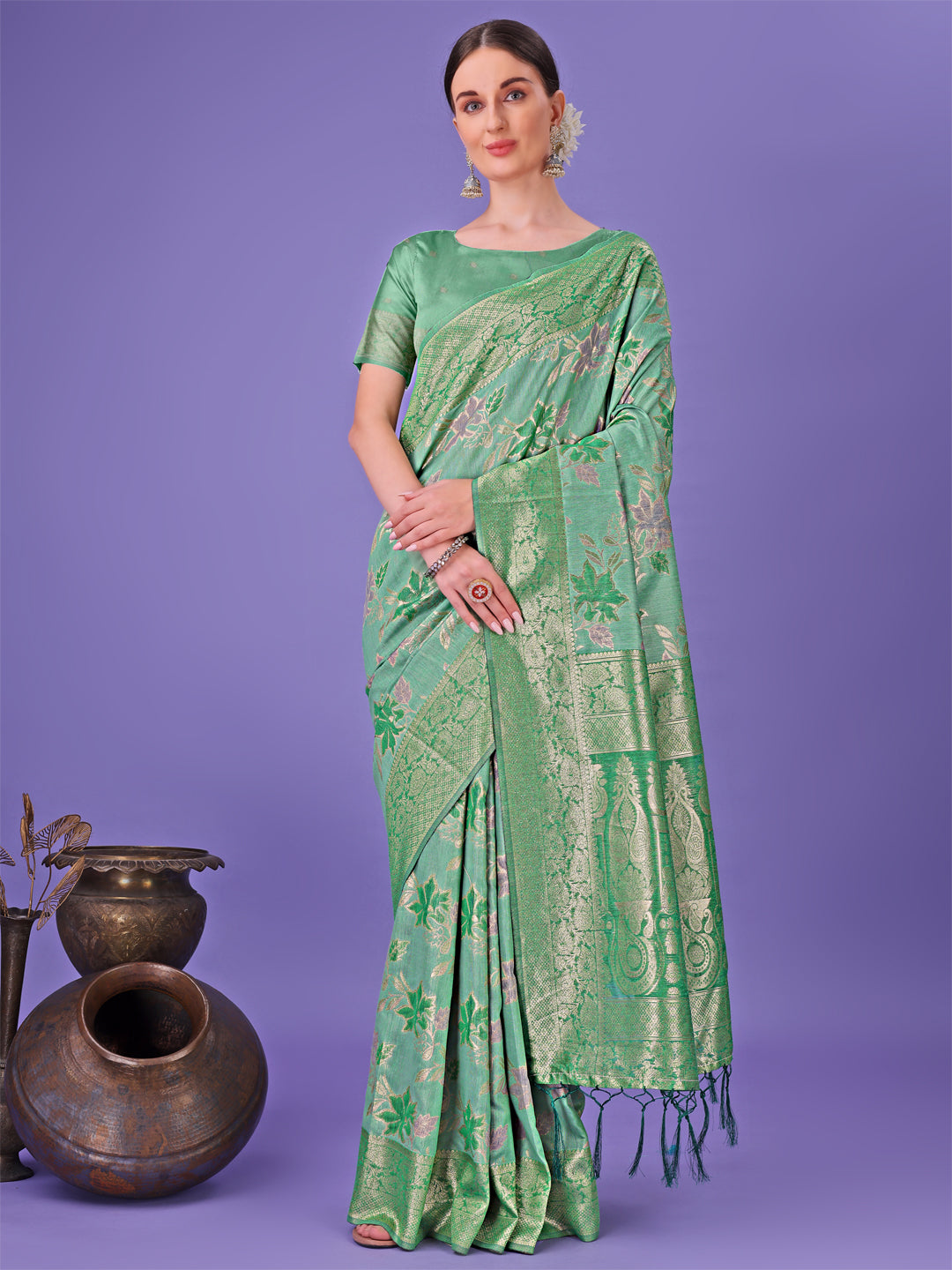 Elegant Green Floral Lichi Silk Saree with Zari Weaving and Rich Pallu – Wedding & Festive Wear Saree