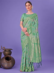 Elegant Green Floral Lichi Silk Saree with Zari Weaving and Rich Pallu – Wedding & Festive Wear Saree