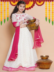 Girls White Embroidered Choli White Woven Design Ready to Wear Lehenga With Dupatta