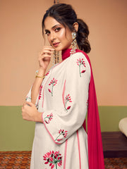 Off white colour Embroidered Anarkali Flared Kurta with Palazzos Dupatta.