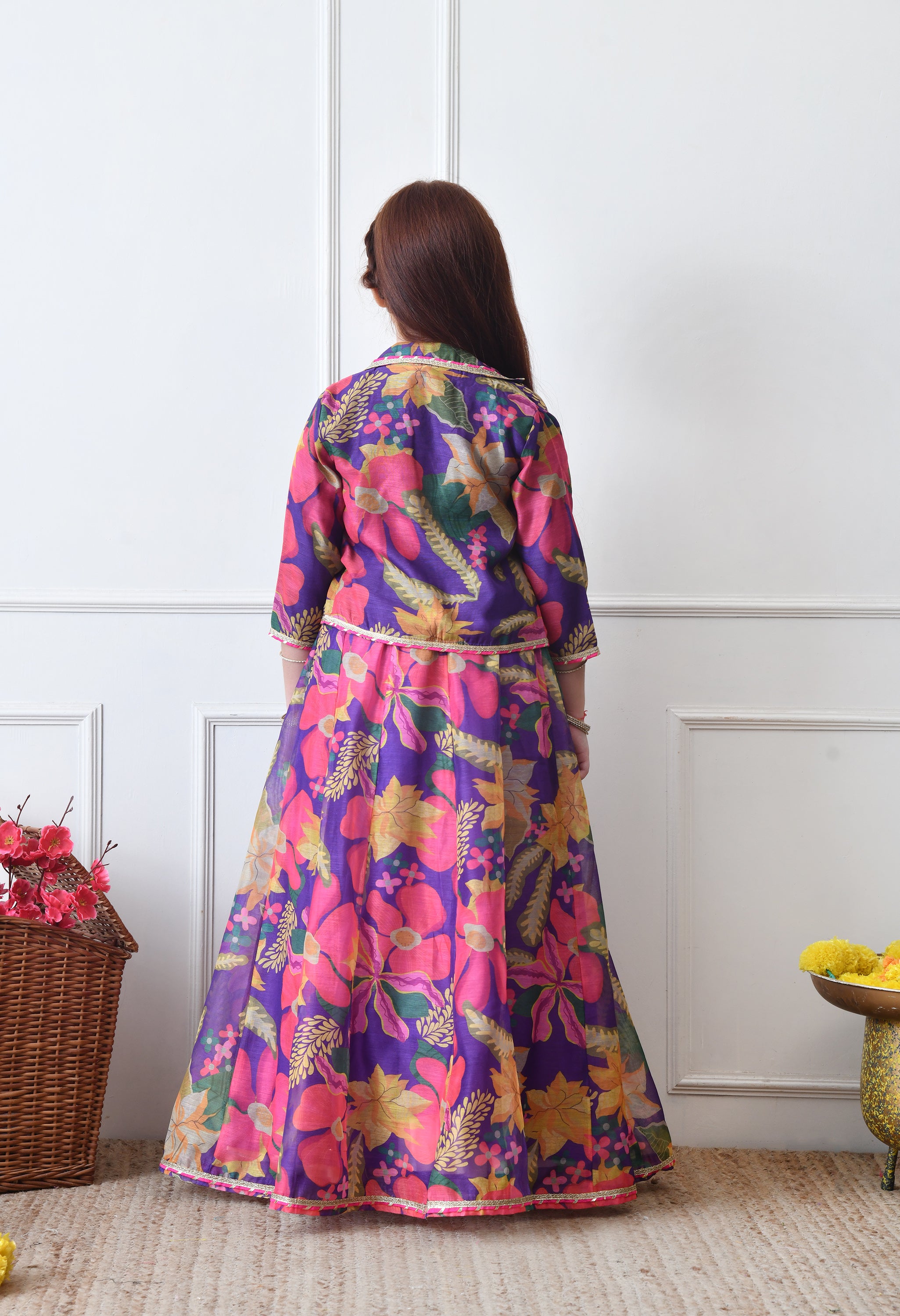 Girls Purple Floral Printed Lehenga Choli Set with Stylish Jacket
