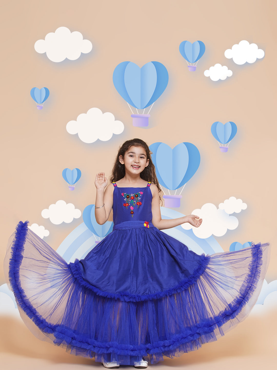 Net Woven Sleeveless Embroidered Flared Frock - Blue