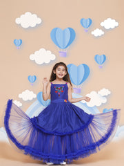 Net Woven Sleeveless Embroidered Flared Frock - Blue