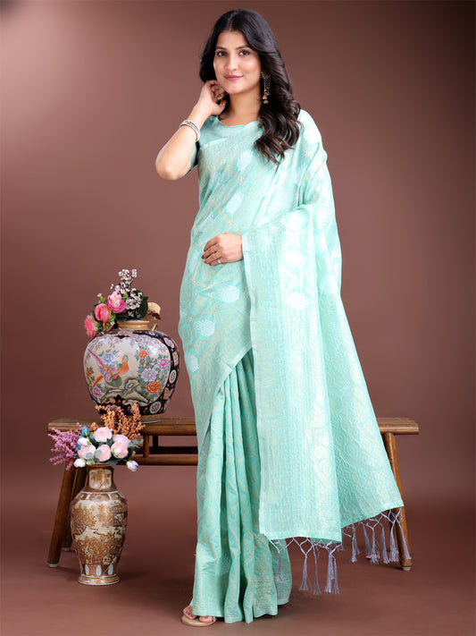Elegant Sea Green Cotton Saree for Women – Soft Lightweight Saree with Zari Woven Butta & Tassel Border