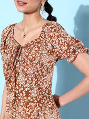 Women's Rust Sweetheart Neck Floral Short Dress