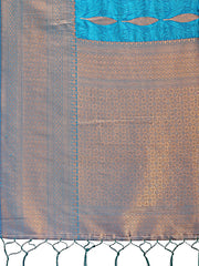 Teal Blue Linen Cotton Saree with Golden Zari Leaf Woven Design & Rich Pallu – Festive Wear | Office Look | Soft Drape