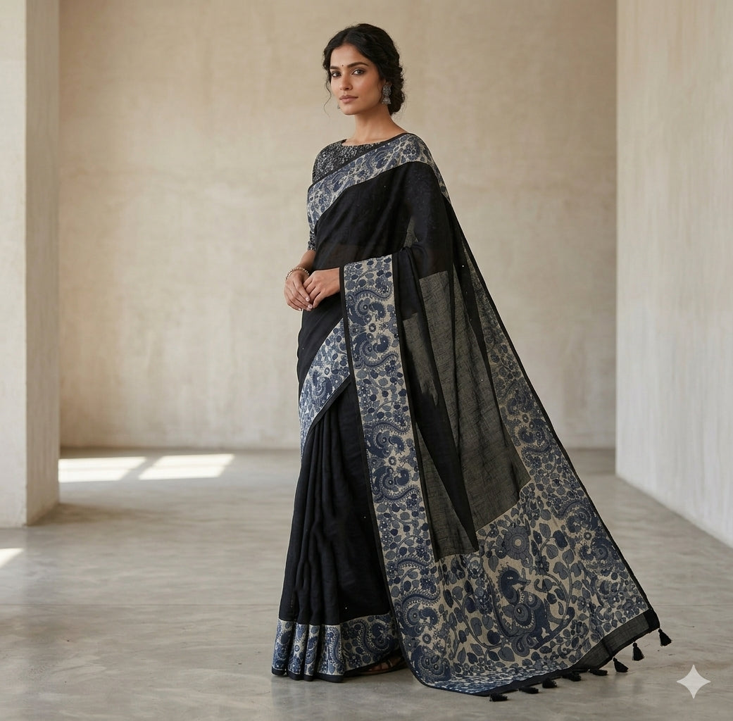 Soft linen saree with shaded style prints.