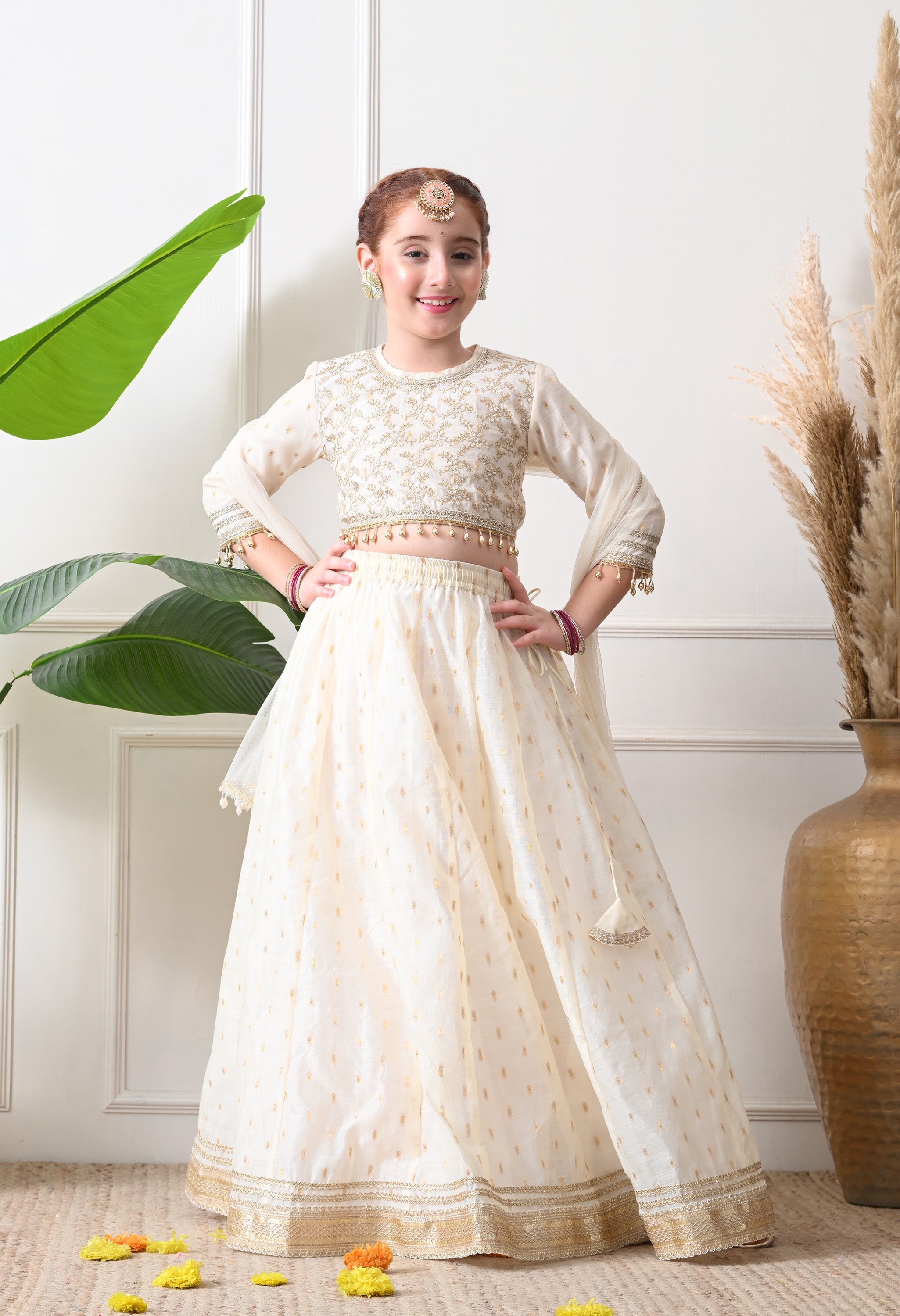 Girls Off White Embroidered Lehenga Choli Set with Net Dupatta