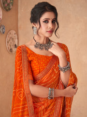 Women's Chiffon Orange Embellished DesignerSaree With Blouse Piece