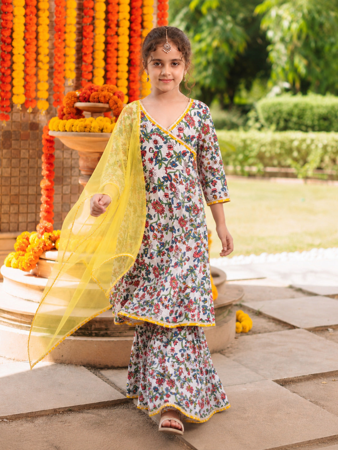 Girls white Floral Printed Kurta with Sharara & Dupatta