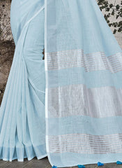 Elegant Peach Woven Linen Saree with Contrast Zari Border & Tassels – Soft & Breathable Party Wear