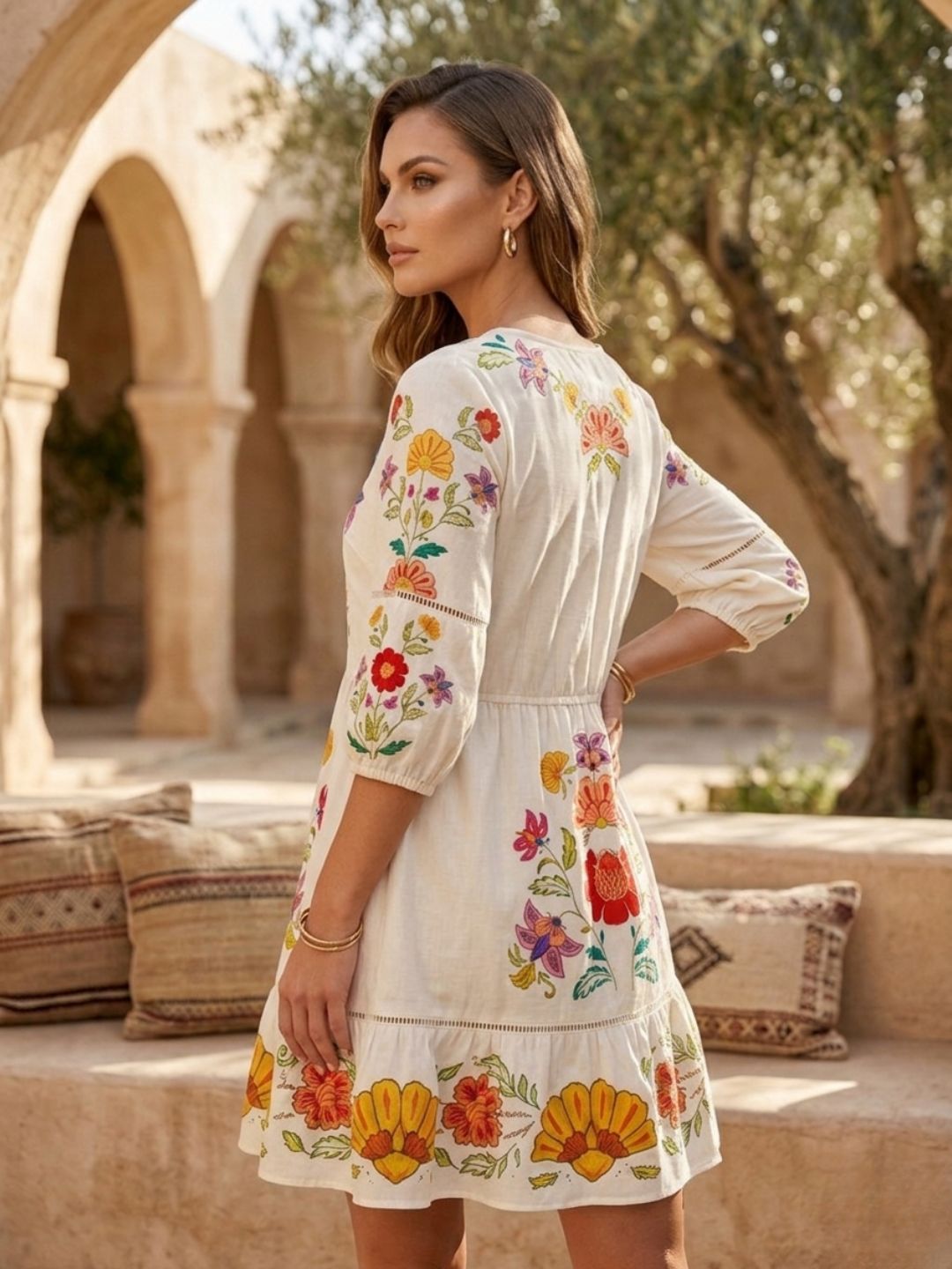 White Floral Printed Fit & Flare Dress-ADR-19778