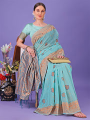 Light Pink Woven Zari Traditional Linen Cotton Saree with Rich Pallu & Unstitched Blouse – Festive & Wedding Wear Saree