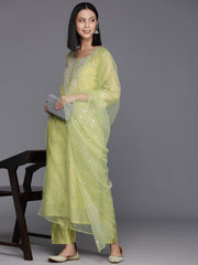 Women Green Floral Embroidered Regular Chanderi Silk Kurta with Trousers & With Dupatta
