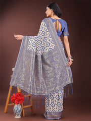 Blue Linen Saree with Rich Woven Zari Work – Elegant Ethnic Saree for Festive & Office Wear