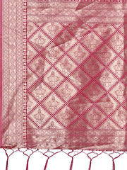 Elegant Pink & Cream Linen Saree with Geometric Design and Zari Border – Festive & Party Wear