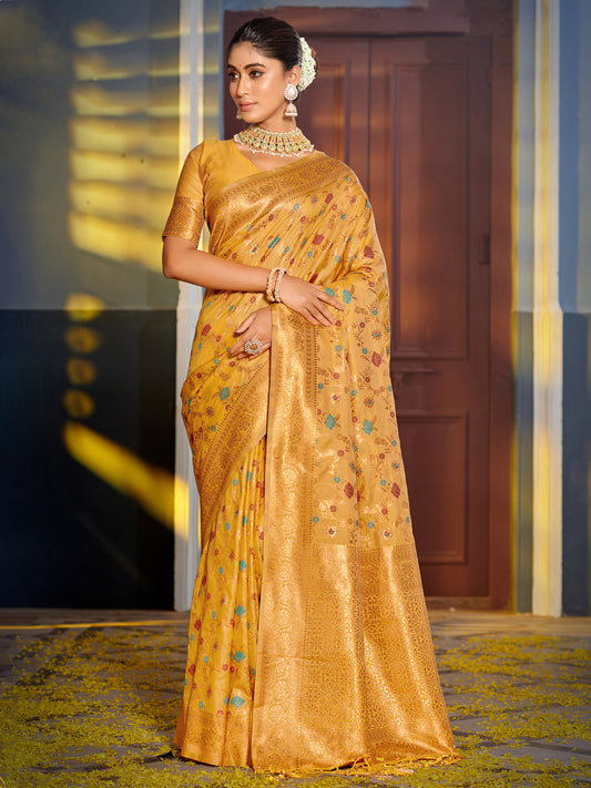 Graceful Yellow Banarasi Silk Saree with Golden Zari Woven Border & Floral Jaal – Wedding & Festive Wear