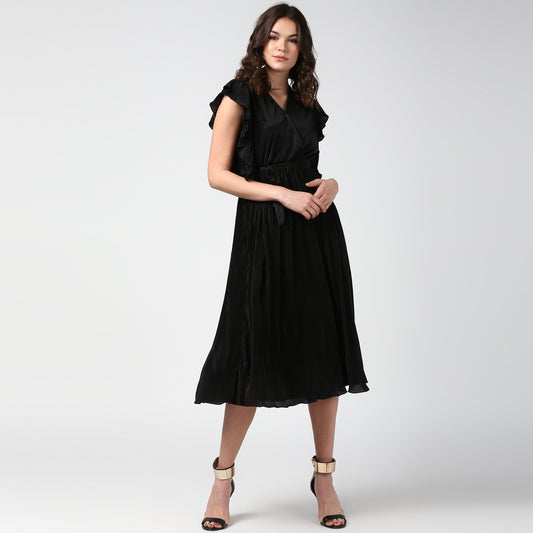 Women's Black Satin Pleating Evening Midi Dress