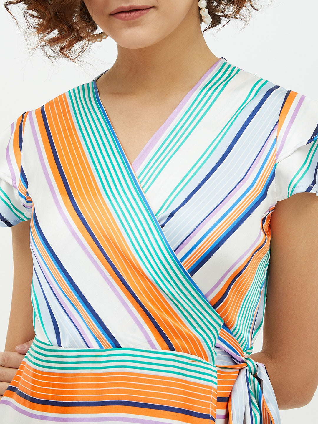 StyleStone Women's Polyester Satin Striped Wrap Dress