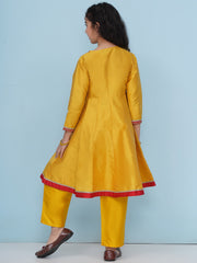 Solid Three-Fourth Sleeves Above Knee Length Silk Kurta With Trousers - Yellow