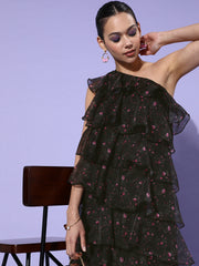 Women's Black Organza Tiered One Shoulder Dress