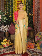 Cream Linen Cotton Saree with Bold Peacock Pallu – Elegant Zari Border Saree for Festive & Party Wear | Lightweight & Soft Fabric