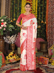 Traditional Red Art Silk Temple Border Festive Wedding Wear Saree