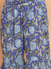 cotton Woven Three-Quarter Sleeves Floral Print Flared Kurta And Sharara With Dupatta Set - Blue