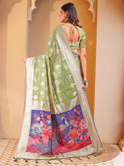 Floral Linen Cotton Saree with Zari Border & Digital Printed Pallu - Elegant Sari for Festive Occasions